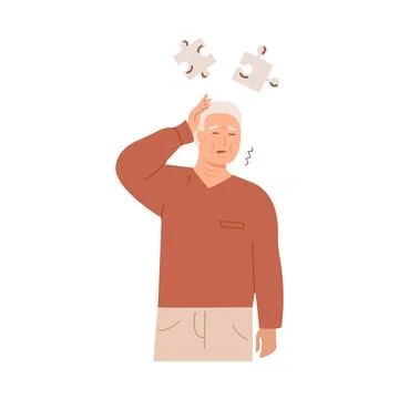 Elderly man experiencing memory loss and cognitive decline, touching his head 스톡 일러스트