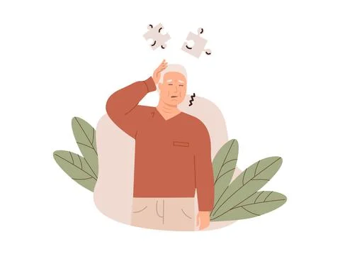 Elderly man experiencing memory loss and confusion, holding his head with a Stock Illustration