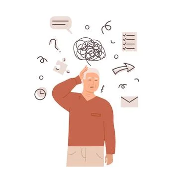 Elderly man experiencing memory loss and confusion, holding head with a puzzled 스톡 일러스트