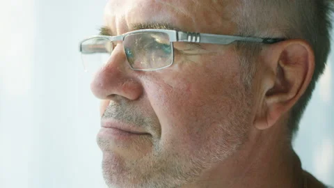 Elderly man face with stubble close-up, happy gray-haired grandfather wearing Stock Footage 157894292