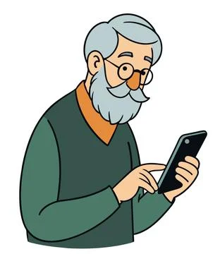 Elderly man with glasses using smartphone. Stock Illustration