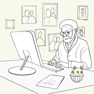 An elderly man in glasses is working at a computer Stock Illustration