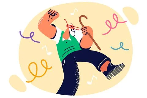 Elderly man with gray beard leads energetic lifestyle and dances enjoying Stock Illustration