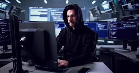 Elderly Man Hacking Computer To Steal Sensitive Data Online Stock Photos