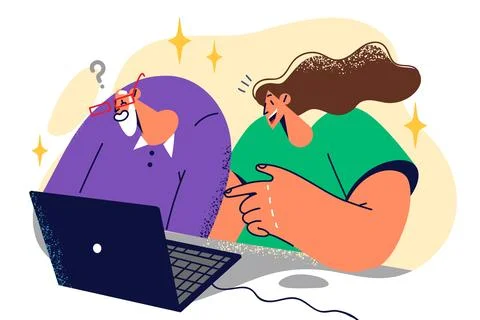 Elderly man is learning how to use laptop and internet under supervision of Stock Illustration