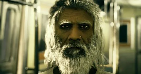Elderly man with long beard and striking eyes in a subway train setting Stock Illustration