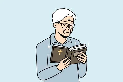Elderly man looks into Holy Scripture, reads Bible. Stockillustratie