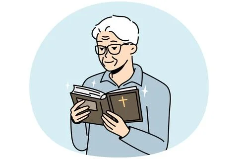 Elderly man looks into Holy Scripture, reads Bible. Stockillustratie