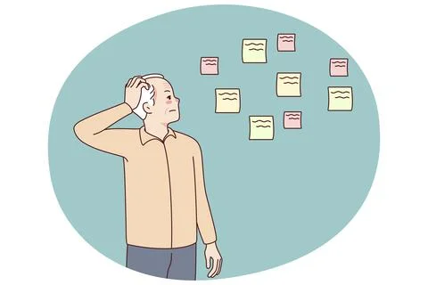 Elderly man making notes suffering from memory loss. Old grandfather use memo Stock Illustration