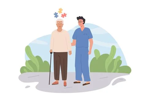 Elderly man with memory loss receiving support from a caregiver outdoors 스톡 일러스트
