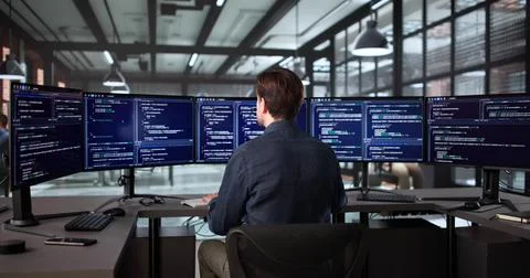 Elderly Man In Office Developing Software On Desktop Computer Screen Stock Photos