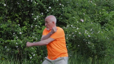An elderly man performs blocks and punches against a natural backdrop Stock Footage 310890608