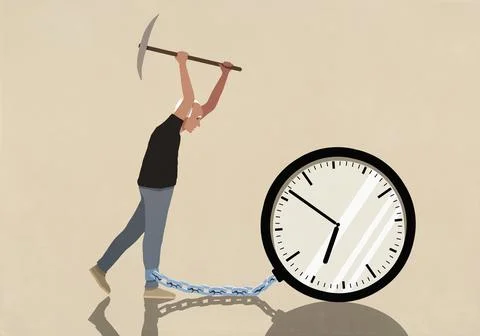 Elderly man with pickaxe attempting to break chain connecting his ankle to large Stock Illustration
