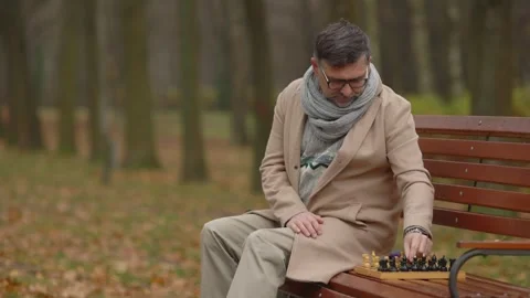 An elderly man plays chess on a bench in an autumn park. Stock Footage 271325262