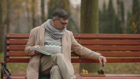 An elderly man plays chess on a bench in an autumn park. Stock Footage 271325460