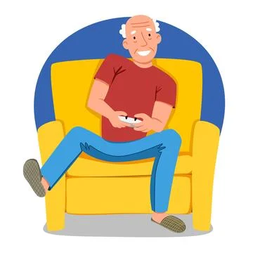 An elderly man plays computer games sitting on a chair. Stock Illustration