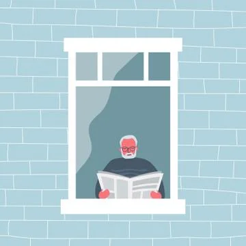 Elderly man is reading a newspaper by the open window Stock Illustration