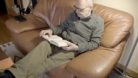 Elderly Man Relaxing on a Couch While Reading a Book at Home Stock Footage 307739998