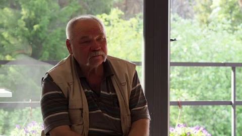 An elderly man is sad sitting on the sofa by the window. Old age and decay, dise Stock Footage 310931834