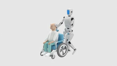Elderly man seated in a wheelchair while a humanoid robot gently assists him Stock Footage 333008343