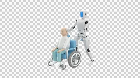 Elderly man seated in a wheelchair while a humanoid robot assists him Stock Illustration