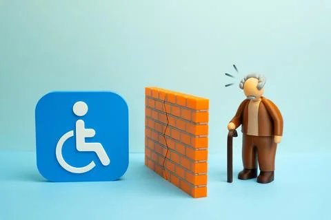 An elderly man is separated from disability status by a wall. Bureaucratic, p Stock Photos