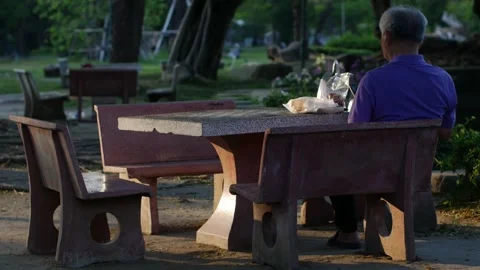 Elderly man sitting alone at a red concrete park table Stock Footage 335710861