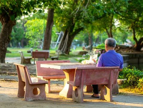 Elderly man sitting alone at a red concrete park table reading under canopy.. Foto stock