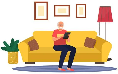 Elderly man sitting on couch with tablet pc, working at home with electronic Stock Illustration