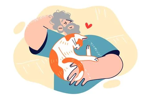 Elderly man sleeps with cat lying on chest, for concept of love and affection 스톡 일러스트