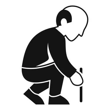 Elderly man squatting using a walking stick icon Stock Illustration
