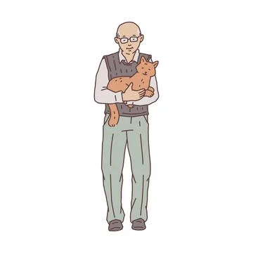 Elderly man stand and cuddle cat pet. Doodle contour line illustration. Stock Illustration