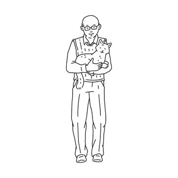 Elderly man stand and cuddle cat pet. Doodle black white contour line Stock Illustration