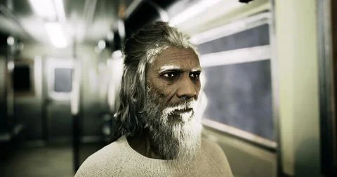 Elderly man stands in subway train with thoughtful expression during daytime Stock Illustration