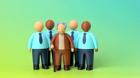 An elderly man surrounded by office workers. A solidarity pension system and Stock Footage 346760851
