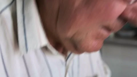 Elderly Man At Table Reading Letters, Striped Shirt And Glasses, CloseUp Profil Stock Footage 326864186