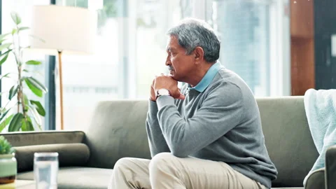 Elderly man, thinking and home grief in retirement or sad loss with memories Stock Footage 267937014