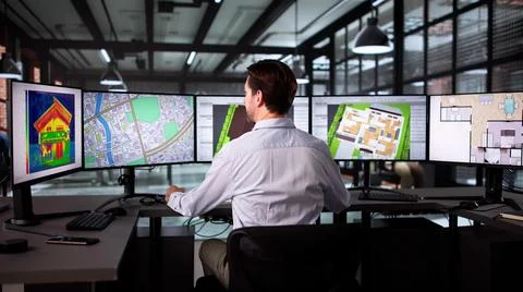Elderly Man Uses Computer To Map Heat-insulating Properties For Real Estate. Fotos de archivo