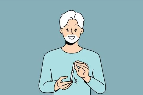 Elderly man uses glucometer to measure level insulin in blood, rejoicing at Stock Illustration