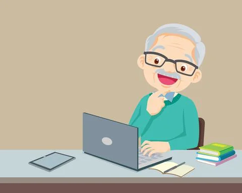 Elderly man using a laptop computer Illustrazione stock