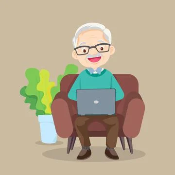 Elderly man using laptop on sofa Stock Illustration