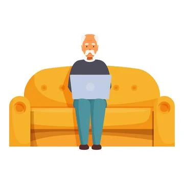 Elderly man using laptop on sofa, working from home in retirement Stock Illustration