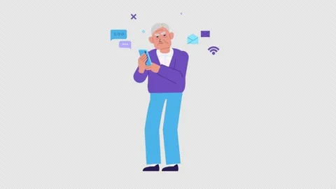 Elderly man using smartphone animation. Senior looks at phone, confused, puzzled Stock Footage 254519343