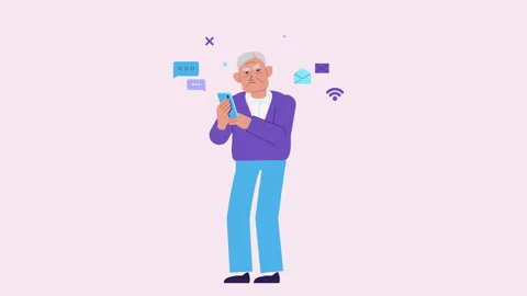 Elderly man using smartphone animation. Senior looks at phone, confused, puzzled 스톡 동영상 254519383