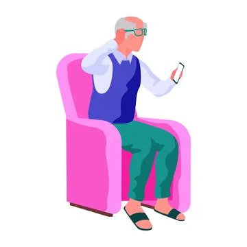 Elderly Man Using a Smartphone While Sitting in a Pink Armchair 스톡 일러스트