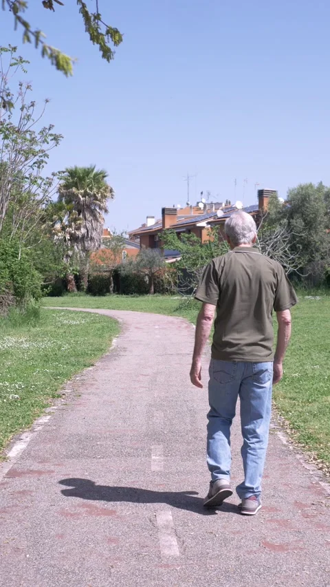 Elderly man walking alone in park seen from behind solitude concept Stock Footage 333195182