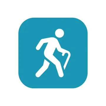 Elderly man walking with cane icon isolated on blue square button graphic r.. Stock Illustration