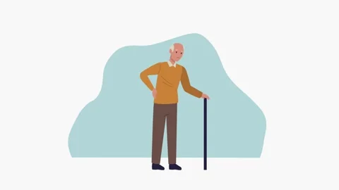 Elderly man with walking cane standing thoughtfully with blue abstract shap.. Stock Footage 333719229