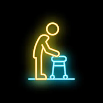 Elderly man walking with help of walker neon sign Stock Illustration