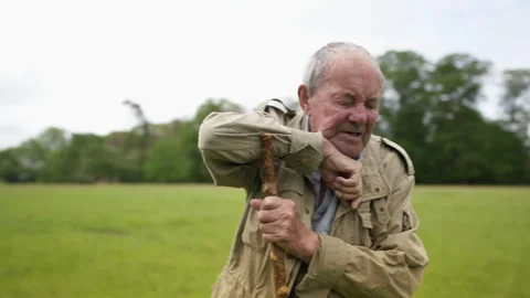 Elderly man with walking stick resting in a green field Stock Footage 328348518